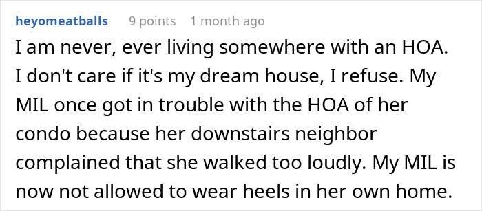 Screenshot of a Reddit comment discussing neighbors complaining and issues with shared backyard usage.
