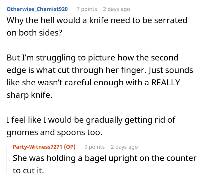 Screenshot of online discussion about the dangers of using a gift knife and the husband&rsquo;s warning to wife.