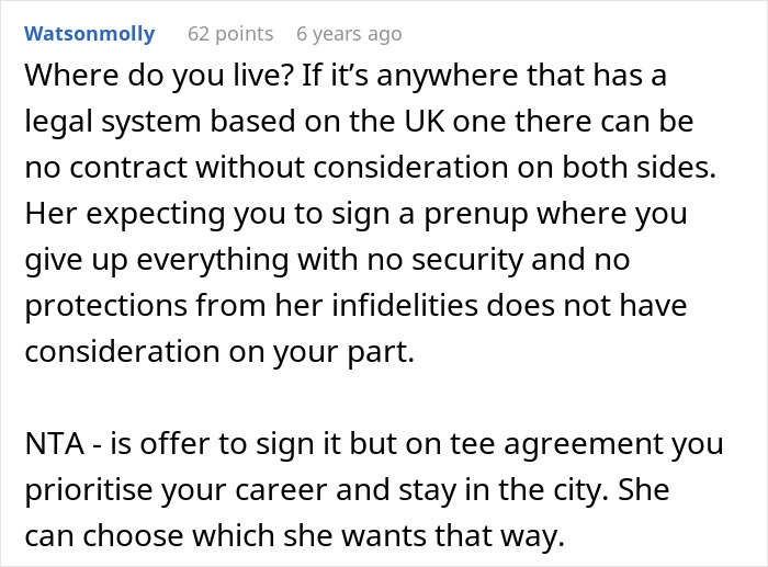 Comment discussing prenup issues where wealthy girlfriend expects signing but denies infidelity clause, leading to engagement cancellation. Comment discussing prenup issues where wealthy girlfriend expects signing but denies infidelity clause, leading to engagement cancellation.