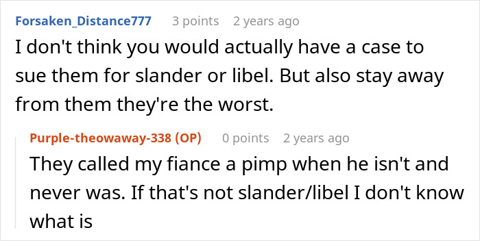 Screenshot of an online discussion about parents disowning adult daughter and insulting her fiancé. Screenshot of an online discussion about parents disowning adult daughter and insulting her fiancé.
