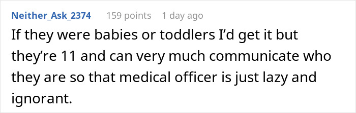 Comment on social media about a parent refusing to make their twins less similar for easier school identification. Comment on social media about a parent refusing to make their twins less similar for easier school identification.