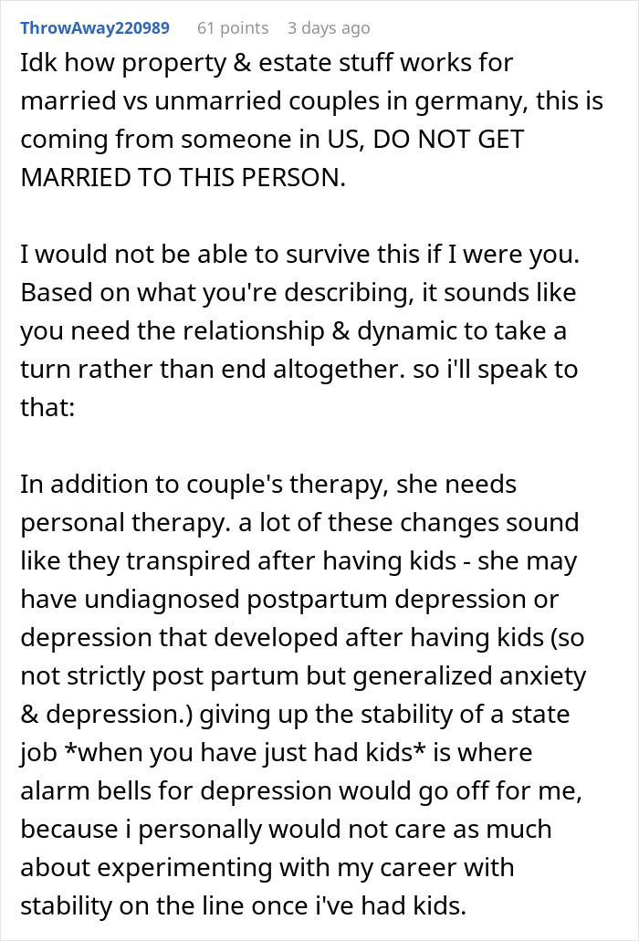 Reddit screenshot about relationship, man feels like his gf's ATM, commenter urges therapy and warns against marrying.