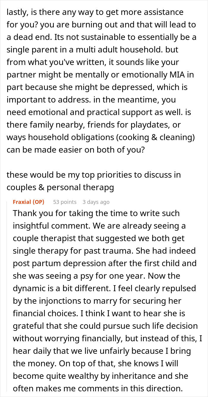 Reddit screenshot of comments about GF's ATM, partner quitting her job and demanding marriage for financial security