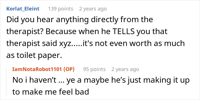 Online forum text exchange showing a fed up wife matching useless hubby&rsquo;s energy, desperate to escape marriage conflict.