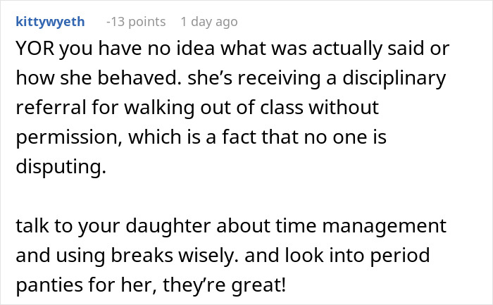 Screenshot of a comment discussing a mom&rsquo;s struggle with a teacher ignoring her daughter&rsquo;s emergency in a school setting.