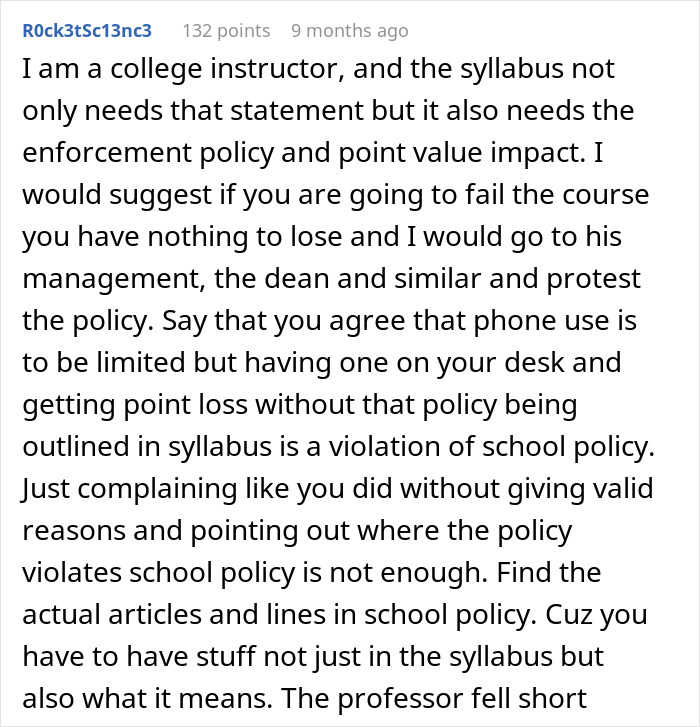 Comment from college instructor advising students to protest phone rule enforcement without syllabus warning to avoid failing class.