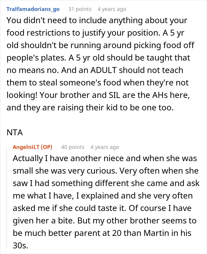 Discussion about refusing to give food to a little niece and teaching children about boundaries and respect.
