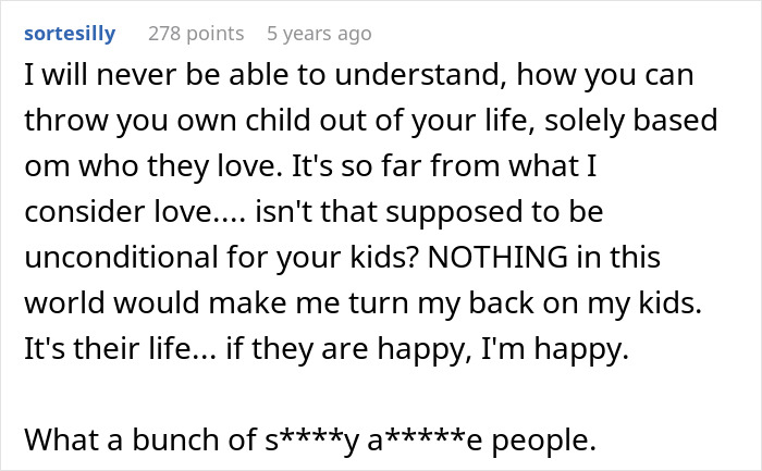 Alt text: Family shocked and hurt over not being invited to gay son's extravagant wedding, feeling disowned and rejected.