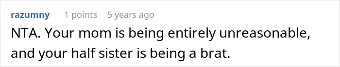 Screenshot of a Reddit comment discussing a teen accused of crushing half-sister&rsquo;s dreams by refusing a Christmas gift request.