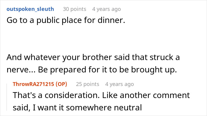 Screenshot of an online discussion about a family deciding to forgive a man for beating his brother five years ago.