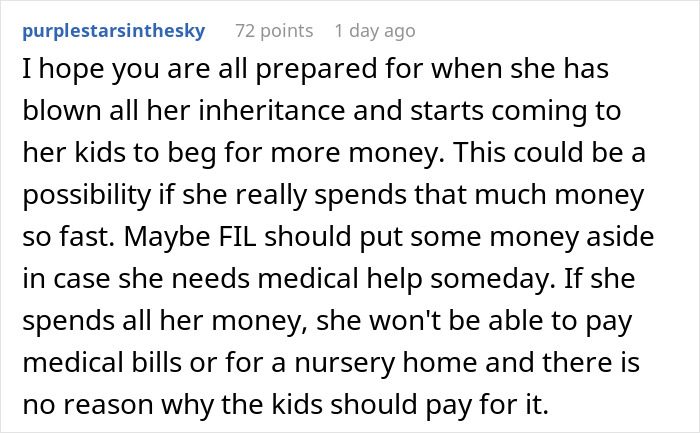 Reddit comment screenshot about a greedy mom and inheritance, warning she'll blow money and need care