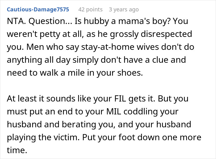 Comment discussing a husband throwing a tantrum after wife refuses to do as he demands, addressing disrespect and family dynamics.