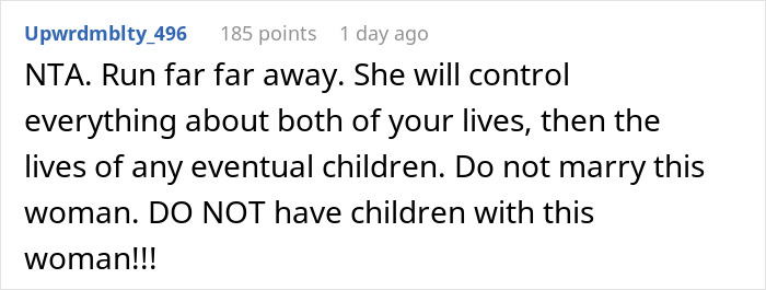 Screenshot of a Reddit comment advising to avoid marriage due to mother dictating wedding attire and groom refusing marriage.