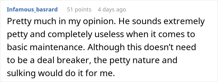 Screenshot of a forum comment discussing a boyfriend feeling emasculated when his partner fixes things, seen as petty and useless.