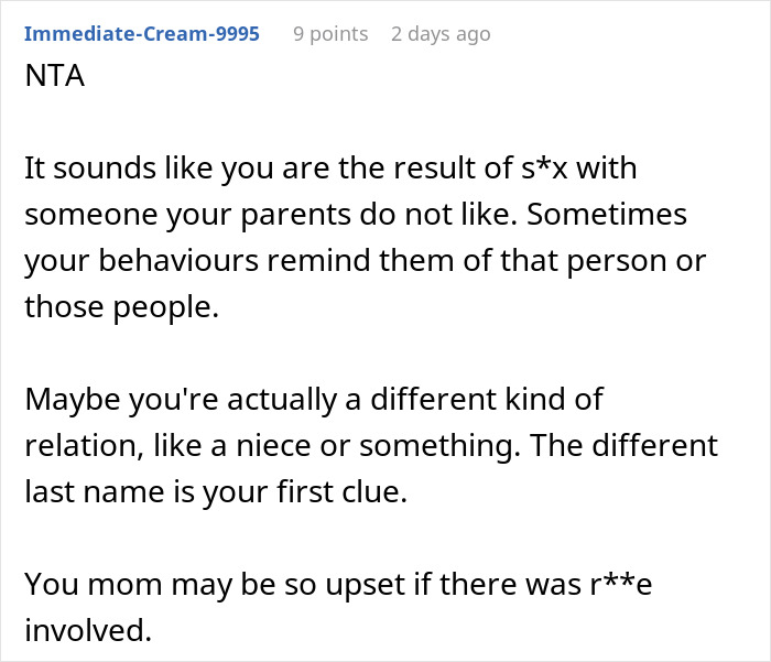 Reddit comment discussing a mother strongly against daughter getting a DNA test revealing family relationship doubts. Reddit comment discussing a mother strongly against daughter getting a DNA test revealing family relationship doubts.