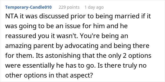 Reddit comment discussing a wife advocating for her disabled son despite husband's concerns about normal life disruption.