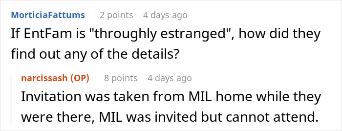 Screenshot of a text conversation about estranged relatives demanding access to a wedding they were never invited to.