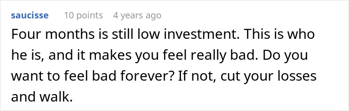 Comment about boyfriend fears golddiggers and relationship advice suggesting to cut losses and move on.