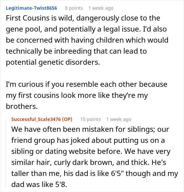 Online discussion about woman discovering engagement to her first cousin and concerns over family genetics and resemblance.