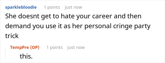 Screenshot of a Reddit conversation about a MIL demanding a DIL risk her job for a celebrity birthday video.