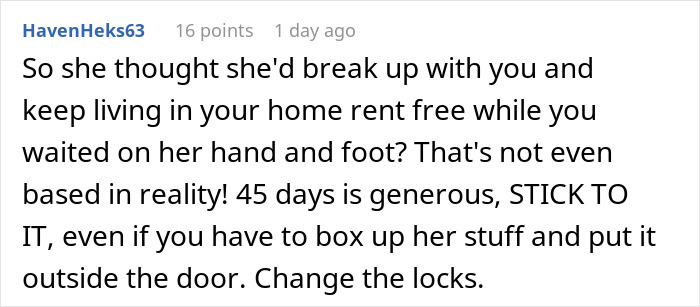 Comment about ex-house drama relationship advising to set boundaries by boxing up belongings and changing locks after a breakup.