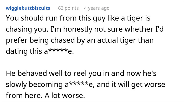 Comment warning boyfriend fears golddiggers, discussing cooking as a sign and relationship concerns getting weird.