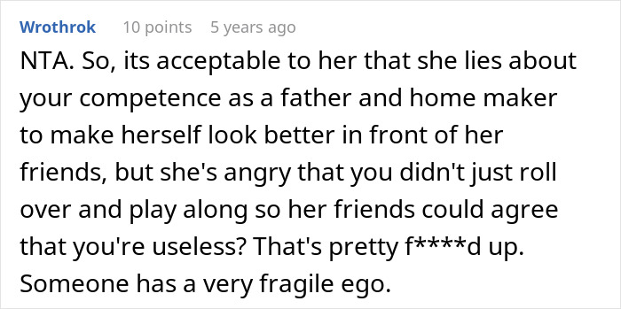 Screenshot of Reddit comment about fragile ego after guy embarrasses wife by not going along with her lie