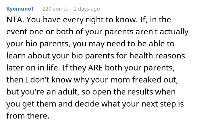 Comment discussing a daughter’s right to know her biology and her mother’s disapproval of a DNA test decision. Comment discussing a daughter’s right to know her biology and her mother’s disapproval of a DNA test decision.