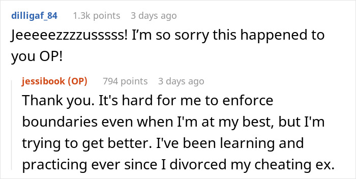 Screenshot of a Reddit conversation about a woman who lets a friend stay during surgery recovery and faces a messy house and long car trip. - 18