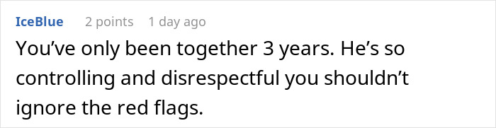 Screenshot of a comment about a man showing his true colors after assuming fianc&eacute;e is pregnant, highlighting controlling behavior.