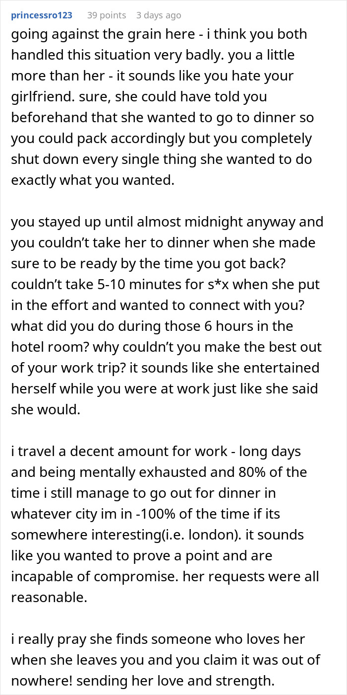 Reddit comment discussing a man losing it when his girlfriend misinterprets his business trip as a romantic getaway.