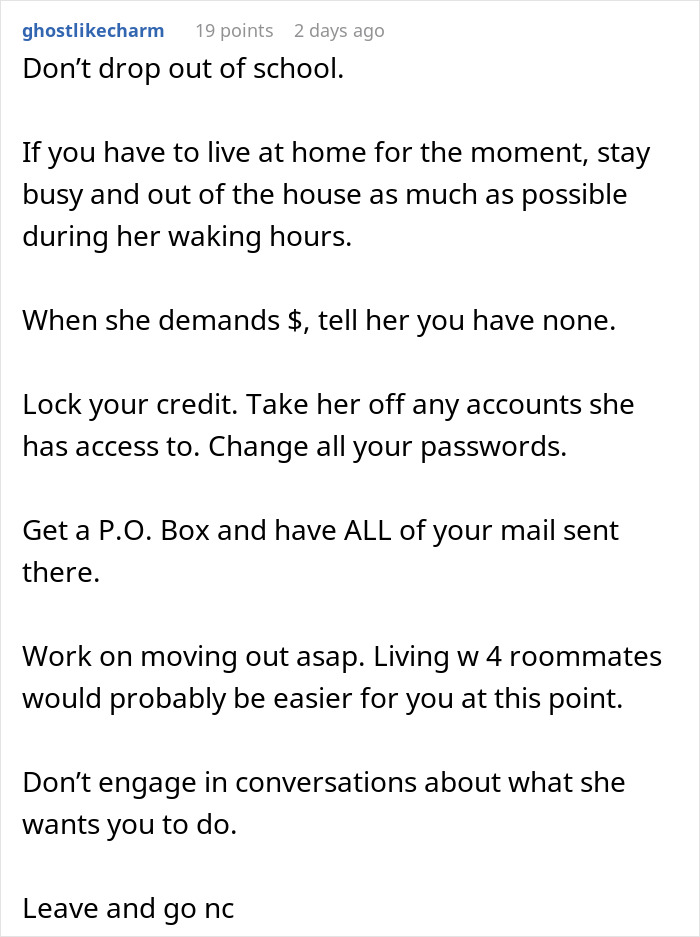 Advice on handling a woman who hasn&rsquo;t worked since 2006 demanding child drop out of college to pay bills