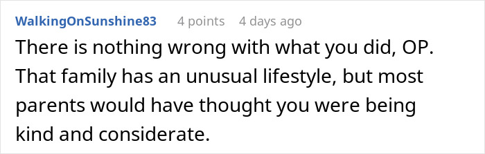 Comment from user WalkingOnSunshine83 defending babysitter&rsquo;s kind gesture despite mother&rsquo;s furious reaction.