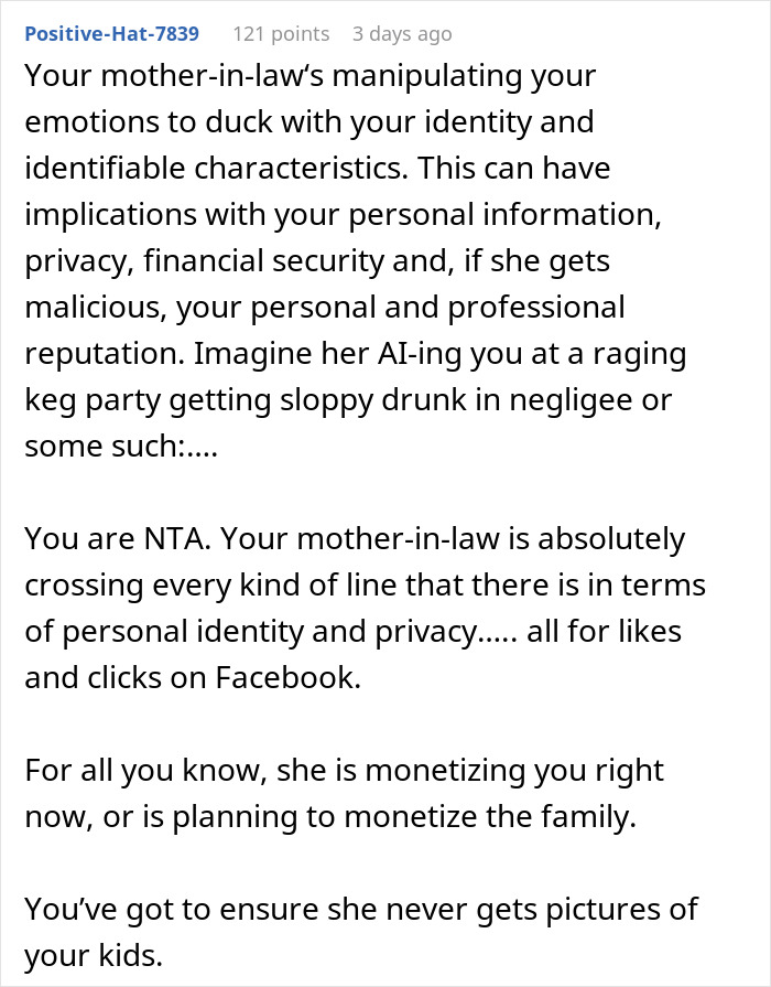 Woman uncomfortable with MIL manipulating AI images, risking privacy and personal identity in an alarming way.