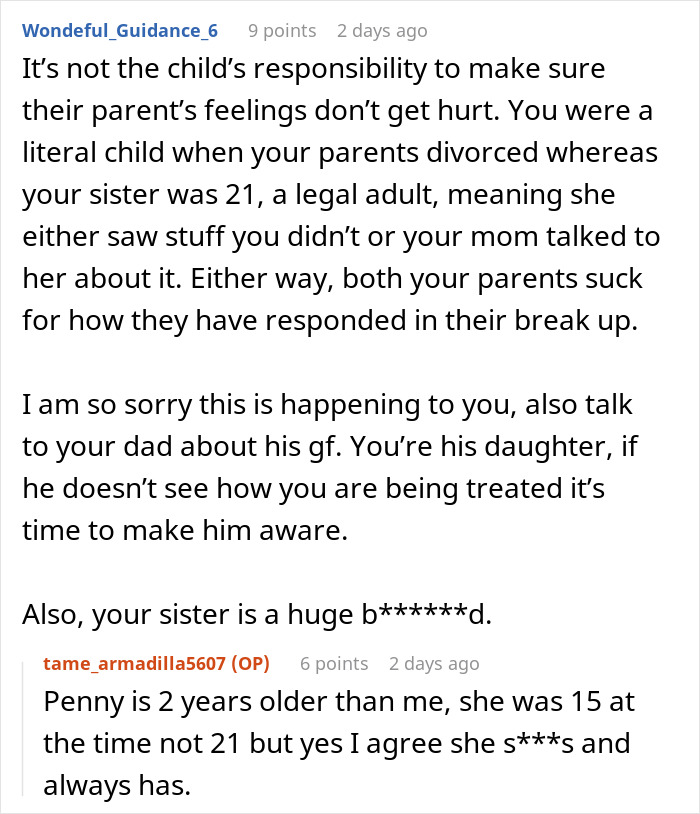 Alt text: Mom blames her daughter for picking dad in the divorce and refuses to involve her in her life discussion.
