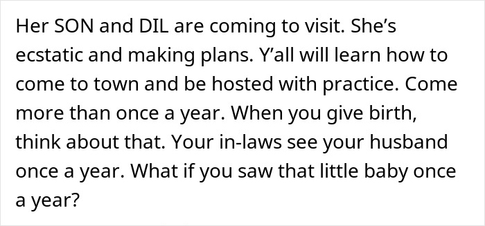 Text about MIL upset over rejected inappropriate baby shower idea and family visit plans including son and daughter-in-law.