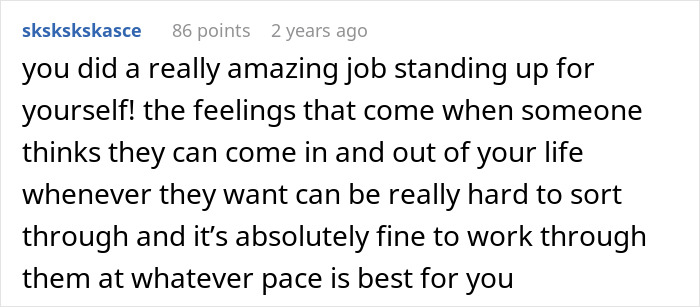 Comment text praising someone for standing up for themselves and dealing with feelings when a bio mom appears unexpectedly.