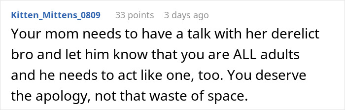 Comment on a forum post about a bald and divorced man shaming his nephew for long hair and cooking for his girlfriend.