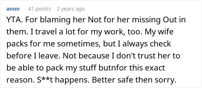 Screenshot of an online comment discussing blame about missing slacks for a business trip and travel packing advice.