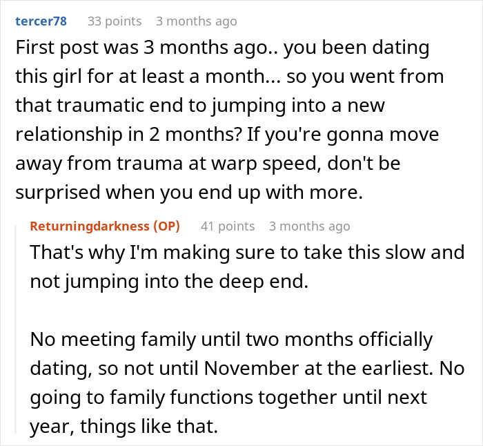 Reddit comment discussing trauma and dating pace, linked to dad accused of horrific things by his own kids story.