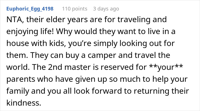 Reddit comment discussing in-laws refusing childcare help but wanting to move in despite family boundaries and living preferences.