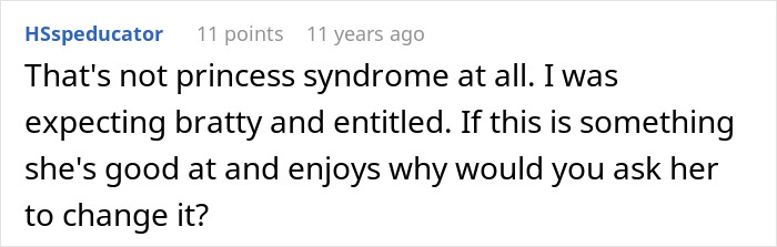 Screenshot of a forum comment discussing princess syndrome, reflecting on entitlement and relationship dynamics.