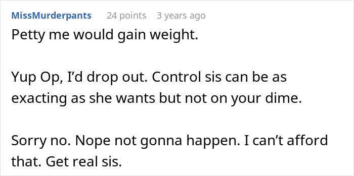 Screenshot of a Reddit comment discussing a woman witnessing her sister turn into a bridezilla and the family meeting consequences.