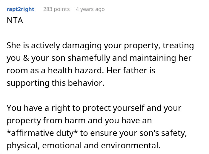 Reddit comment discussing bratty teen breaking walls, leaving messes, and stepmom drawing eviction papers for protection.