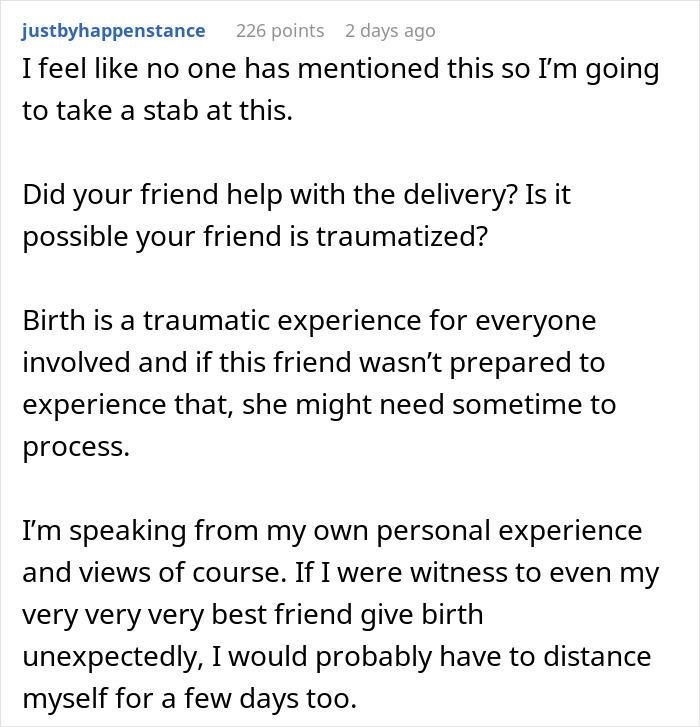 Comment discussing a woman giving birth in friends' car and the emotional trauma causing friends to ignore her afterwards.