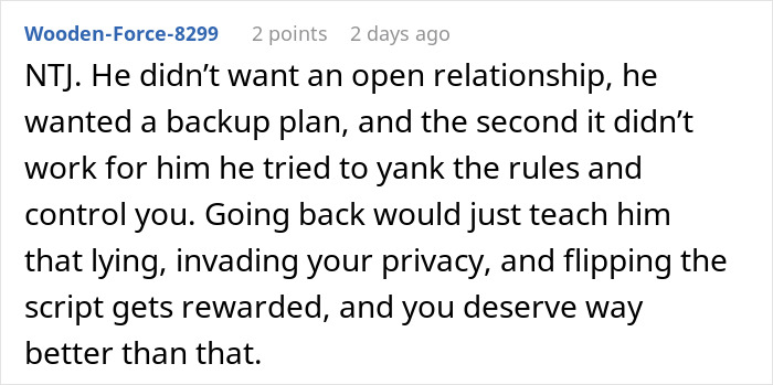 Text comment discussing a man&rsquo;s plan to open relationship and date younger coworker backfiring when she shows no interest.