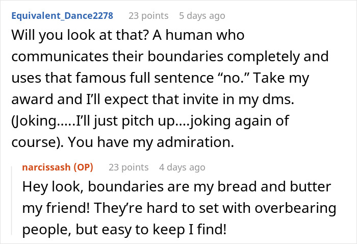 Screenshot of a Reddit conversation about estranged relatives demanding wedding access and the importance of setting boundaries.