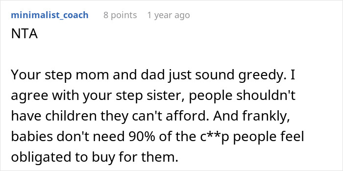 Screenshot of a forum comment where a user supports a teen against a stepmom&rsquo;s accusations of selfish spending.
