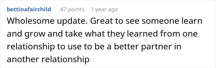 User comment text about growth and learning from past relationships shared on social media about princess syndrome and breakup.