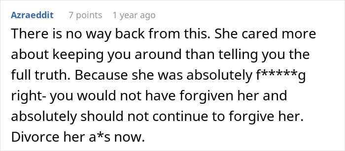 Reddit comment discussing a man discovering his wife&rsquo;s cheating wasn&rsquo;t just one drunken night, urging divorce advice.